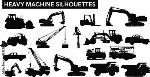 Heavy machine silhouettes collection with excavator crane bulldozer and dump truck for construction industry logo design laser cut and vinyl decal
