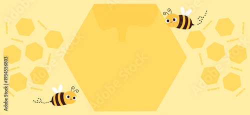 Honeycomb background with cute bee cartoons and dripping honey frame vector.
