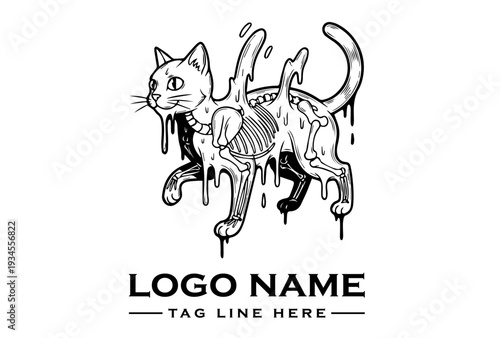 Black and white illustration of a melting cat with exposed skeleton, dripping liquid, on a clean white background with logo and tagline text.