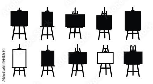Collection of various black silhouette easel illustrations in a row