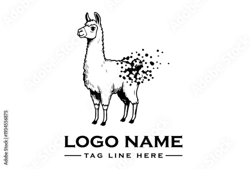 Black and white illustration of a llama standing with a dotted particle effect on its side on a white background with logo and tagline text.