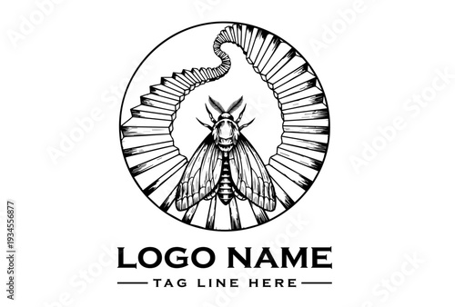 A black and white illustration of a moth within a circular design with radiating lines on a white background.