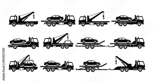 A series of tow truck illustrations showing different stages of vehicle transport