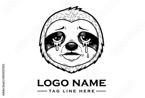 A crying sloth face with tears, outlined in black and white, on a plain background with logo and tagline text.