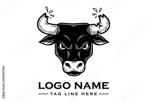 A black and white illustration of a bull's head with sharp horns and a fierce expression on a clean white background with space for a logo name and tagline.