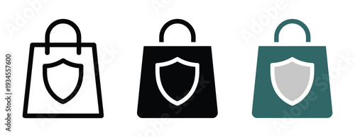 Shopping bag with shield in outline, solid, and blue color representing secure commerce, safe online shopping, e commerce protection, and professional vector design projects.