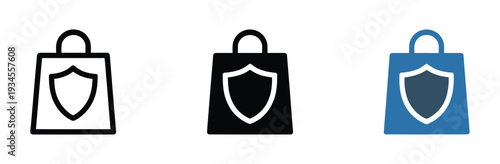 Shopping bag with shield icon for secure commerce in outline, solid, and blue color vector illustrations for online shopping, e commerce, payment security, and professional design projects.