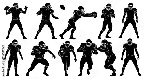 American Football Players in Various Poses Silhouette Collection.
