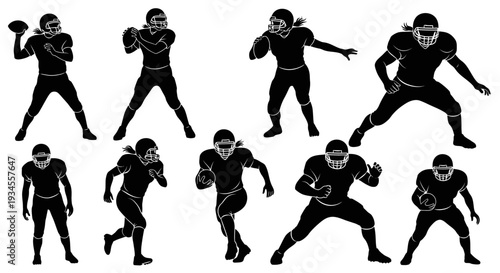 American Football Players in Various Poses Silhouette.