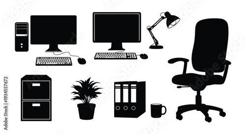 Black silhouette icons depicting a typical office workspace setup