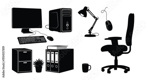 Black silhouette icons depicting a typical office workspace setup