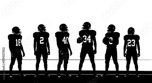 Silhouettes of American Football Players Standing in a Row.
