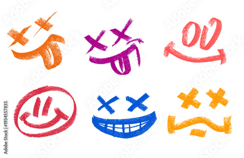 Various Smiley Faces Crayon Chalk Drawing Doodle Vector Set