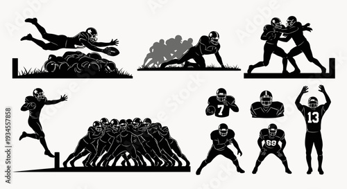 American Football Players in Various Action Poses Silhouettes.