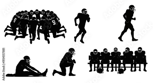American Football Players in Various Poses Silhouette.
