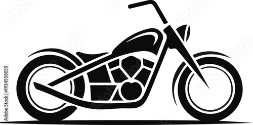 Stylized black and white illustration of a classic custom chopper motorcycle in profile view