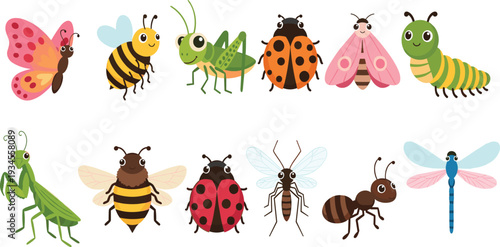 Cute Cartoon Insect Collection with Butterfly Bee Grasshopper Ladybug Ant Dragonfly and Caterpillar Flat Vector Illustration Set.