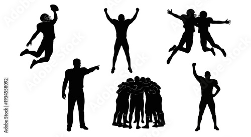 Silhouettes of people celebrating and playing sports together.