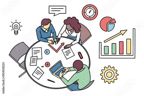 Team working on a project with graphs and charts