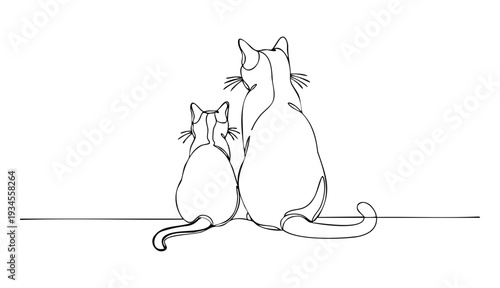 Continuous line art drawing of two domestic cats sitting together, viewed from behind, embodying companionship and simple elegance on a clean background Vector