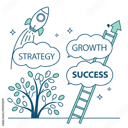 A blue and green illustration of a rocket ship and a ladder to success