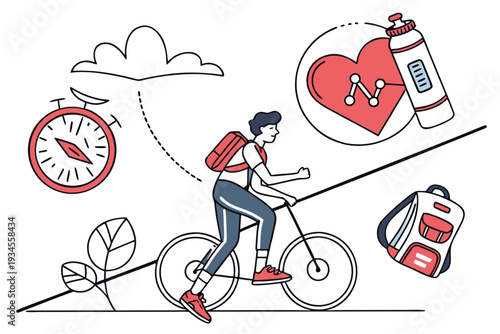 Person on bicycle with fitness and health symbols