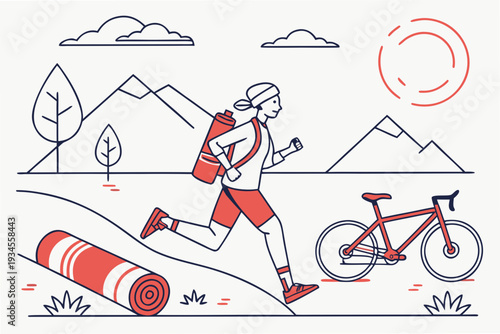 A person runs with a bike and a yoga mat