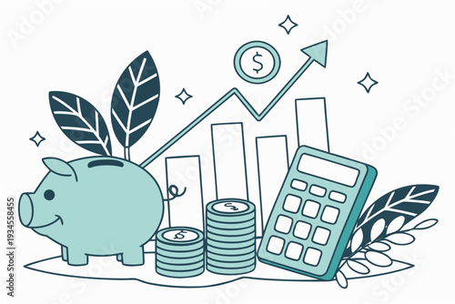 A piggy bank with a plant growing out of it and a calculator