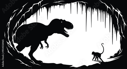 Dinosaur and monkey silhouette in prehistoric cave scene, T rex predator illustration, black vector artwork isolated on white background