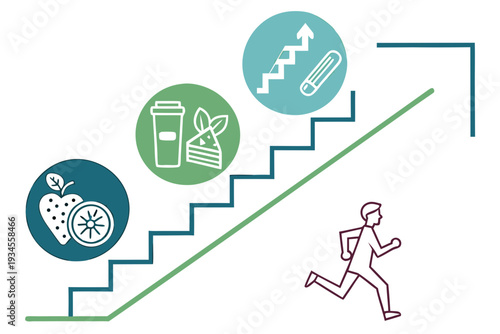 A person runs up stairs with health icons
