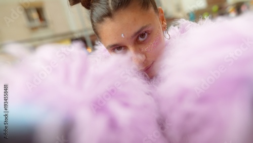 Quiet anonymous muse blending into busy city life background