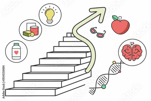 A staircase with icons representing healthy living