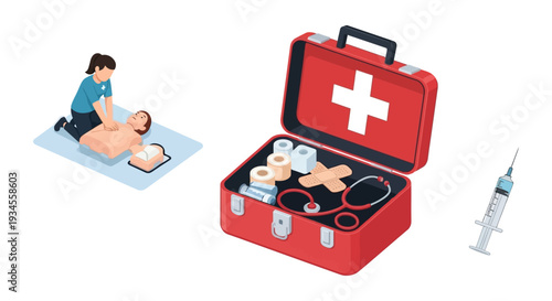 Emergency Medical Training: CPR, First Aid Kit & Supplies Illustration for Health & Safety
