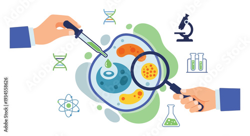Scientific Research & Cellular Biology Lab: Studying Microorganisms, DNA, and Cells with Magnifying Glass, Pipette & Lab Equipment