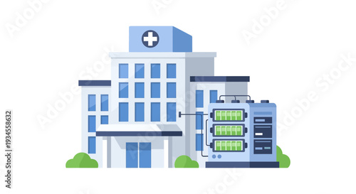 Hospital Building Powered by Battery Energy Storage System (BESS). Sustainable Healthcare Facility with Green Power Supply.