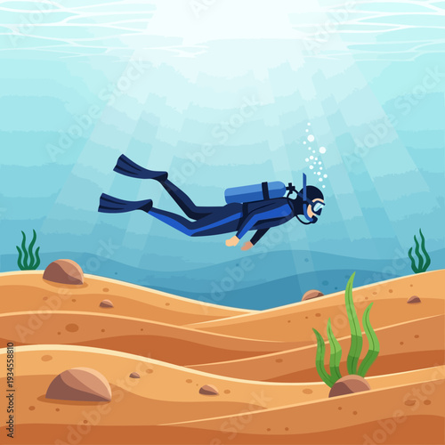 Scuba diver exploring underwater ocean depths with sun rays illuminating the sandy seabed