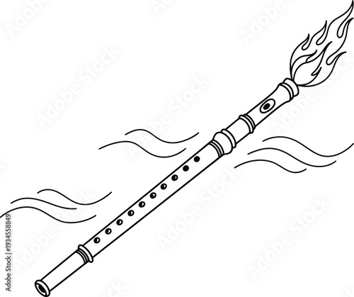Ancient magical flute burning with fire line art drawing musical instrument vector