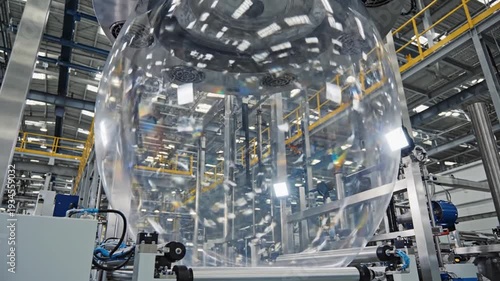 Automated machinery manufacturing transparent plastic film in a modern factory setting.