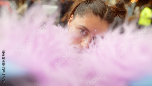 Authentic street view showcasing vibrant feathers and lively surroundings