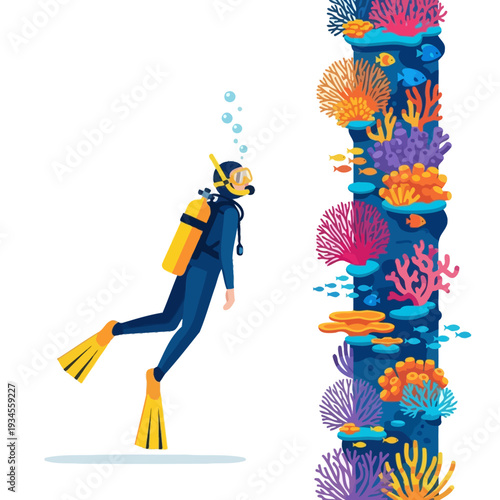 Scuba diver exploring vibrant coral reef with colorful fish and marine life