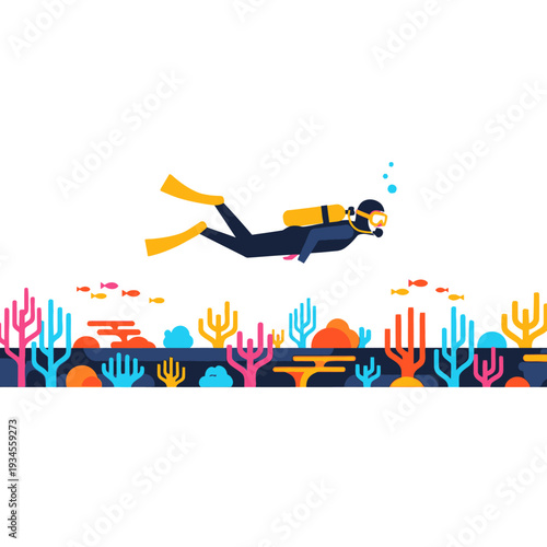 Scuba diver exploring vibrant coral reef with colorful fish underwater