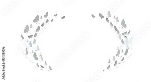 Group of white 3D butterflies flying in a circular motion on white background