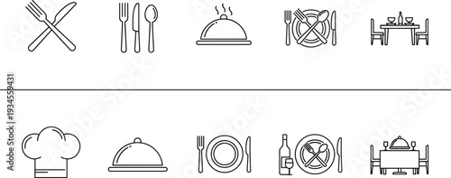 Restaurant Dining Outline Icon Set Featuring Cutlery Cloche Table Setting Chef Hat Wine Bottle and Serving Symbols in Minimal Editable Stroke Vector Illustration Collection