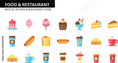 Food and Restaurant Icon Pack Featuring Coffee Cupcake Cake Ice Cream Hot Dog Sandwich and Beverage Symbols in Flat Color Vector Illustration Collection of 20 Icons