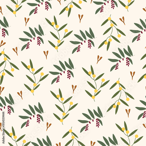 Seamless botanical pattern with green leafy branches, yellow sea buckthorn berries and red cornel fruits on light background, decorative stylized surface design