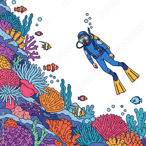 Scuba diver exploring vibrant coral reef with colorful fish and marine life