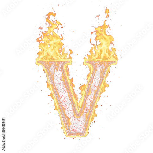 A burning fiery letter v isolated on transparent background