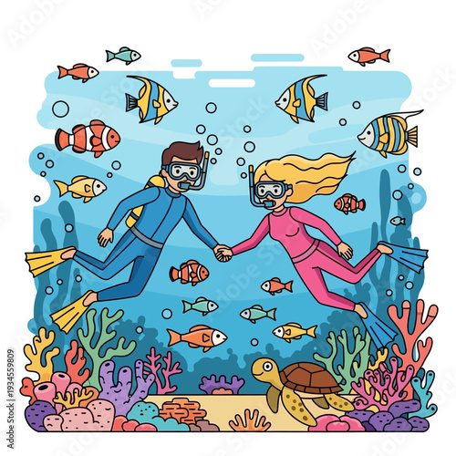 Couple Scuba Diving Holding Hands Underwater with Coral Reef and Sea Turtle