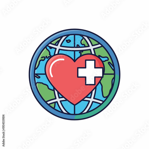 Red Heart with Medical Cross Globe Icon.