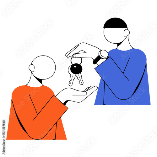 Two people exchanging keys in a modern minimalist setting